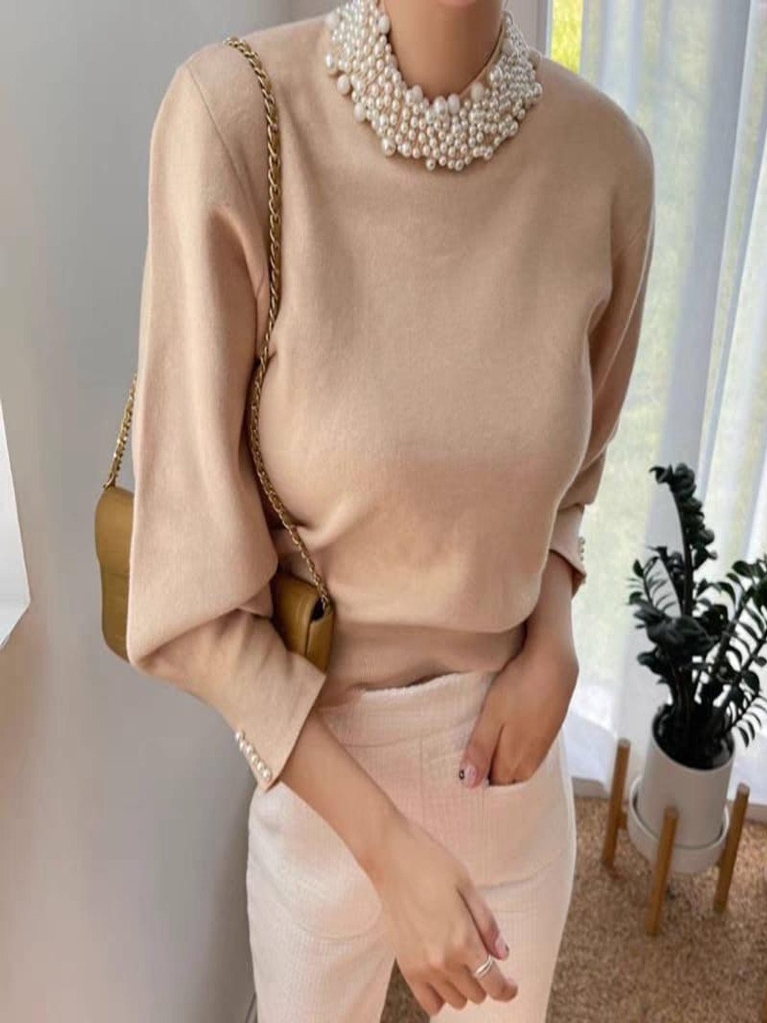 Miss Mosa By Akanksha  Women Beige Femella Pearl Detail Luxe Sweater