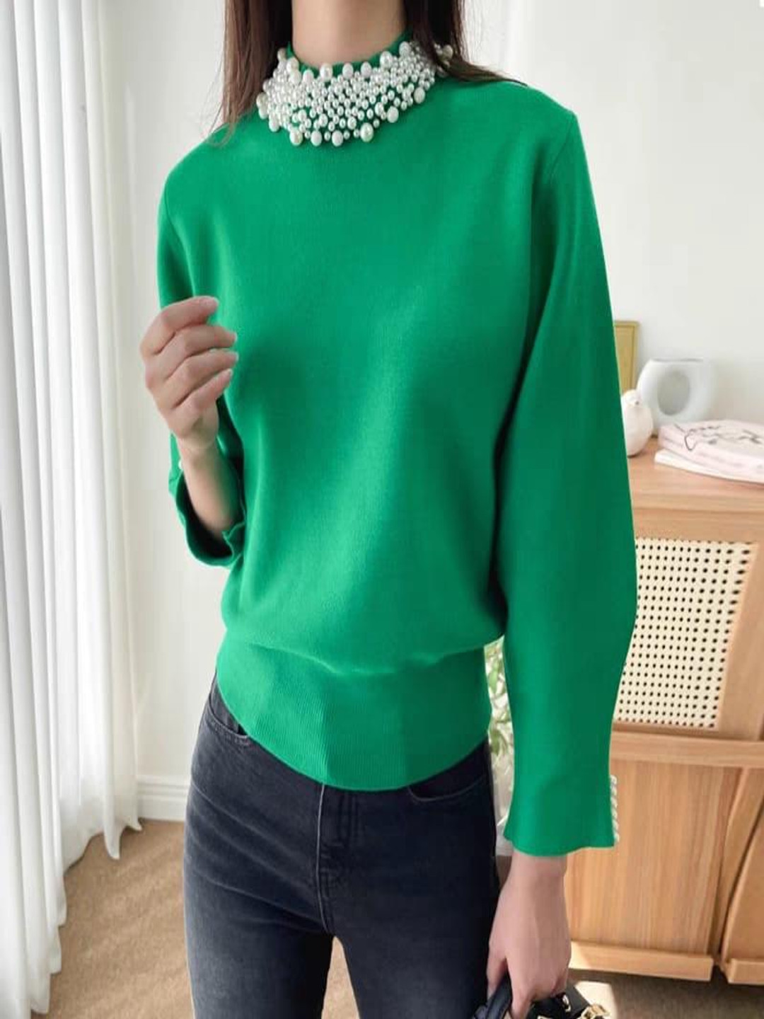 Miss Mosa By Akanksha  Women Green Femella Pearl Detail Luxe Sweater
