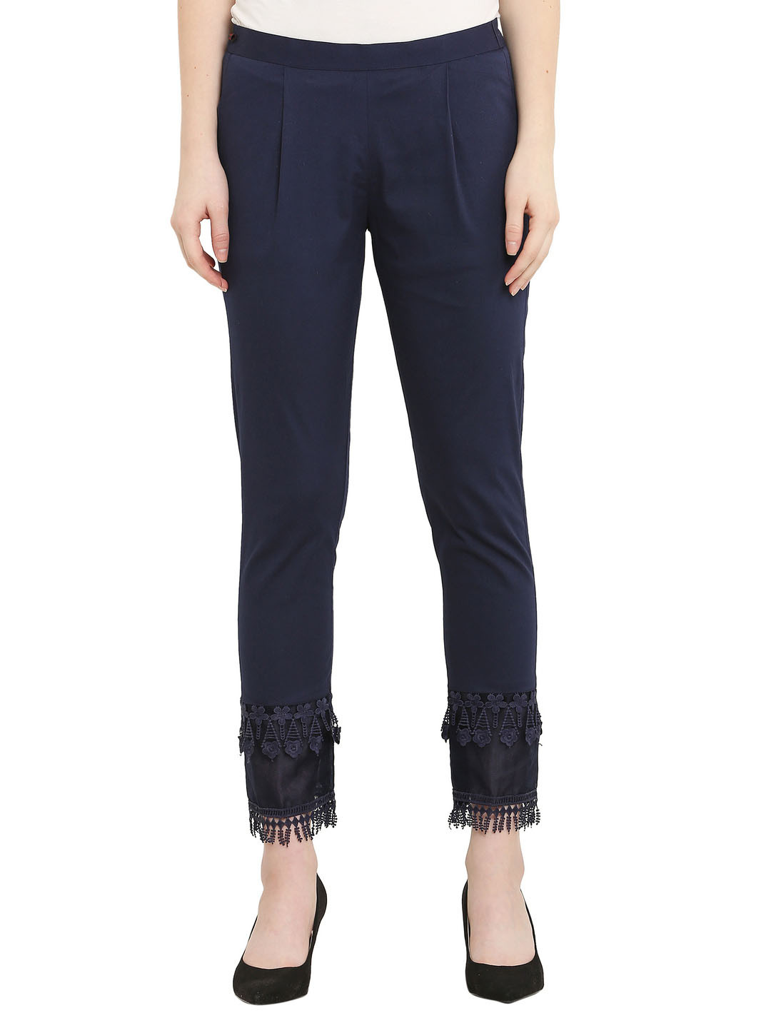 Sellingsea Women Plain Regular Fit Lace Work Cigarette Trousers