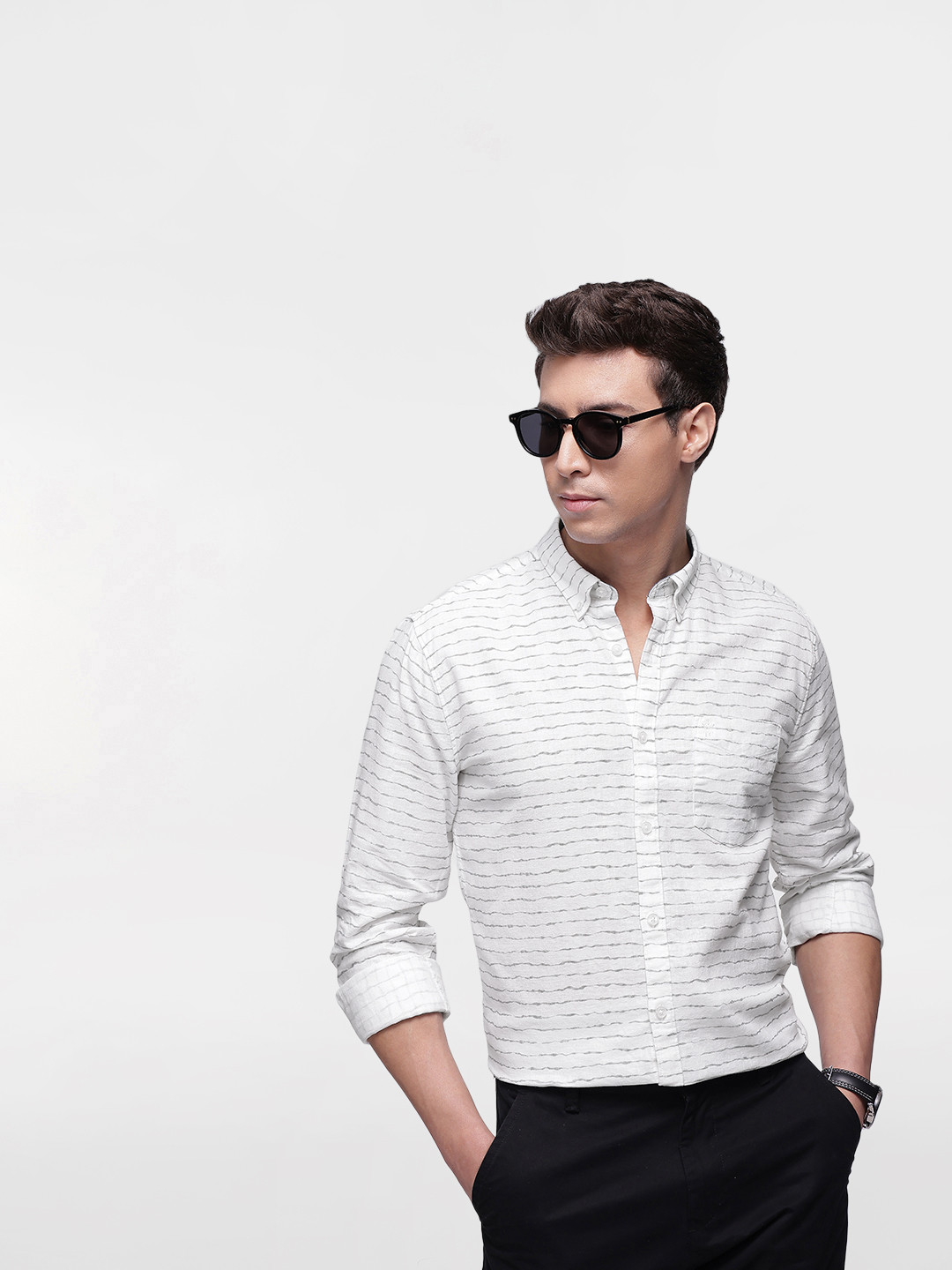 French Connection Linen Cotton Self Design Slim Fit Opaque Casual Shirt