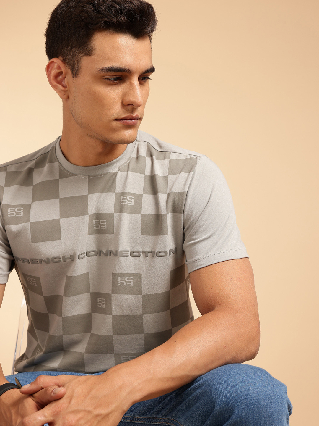 French Connection Checked Brand Logo Printed T-shirt