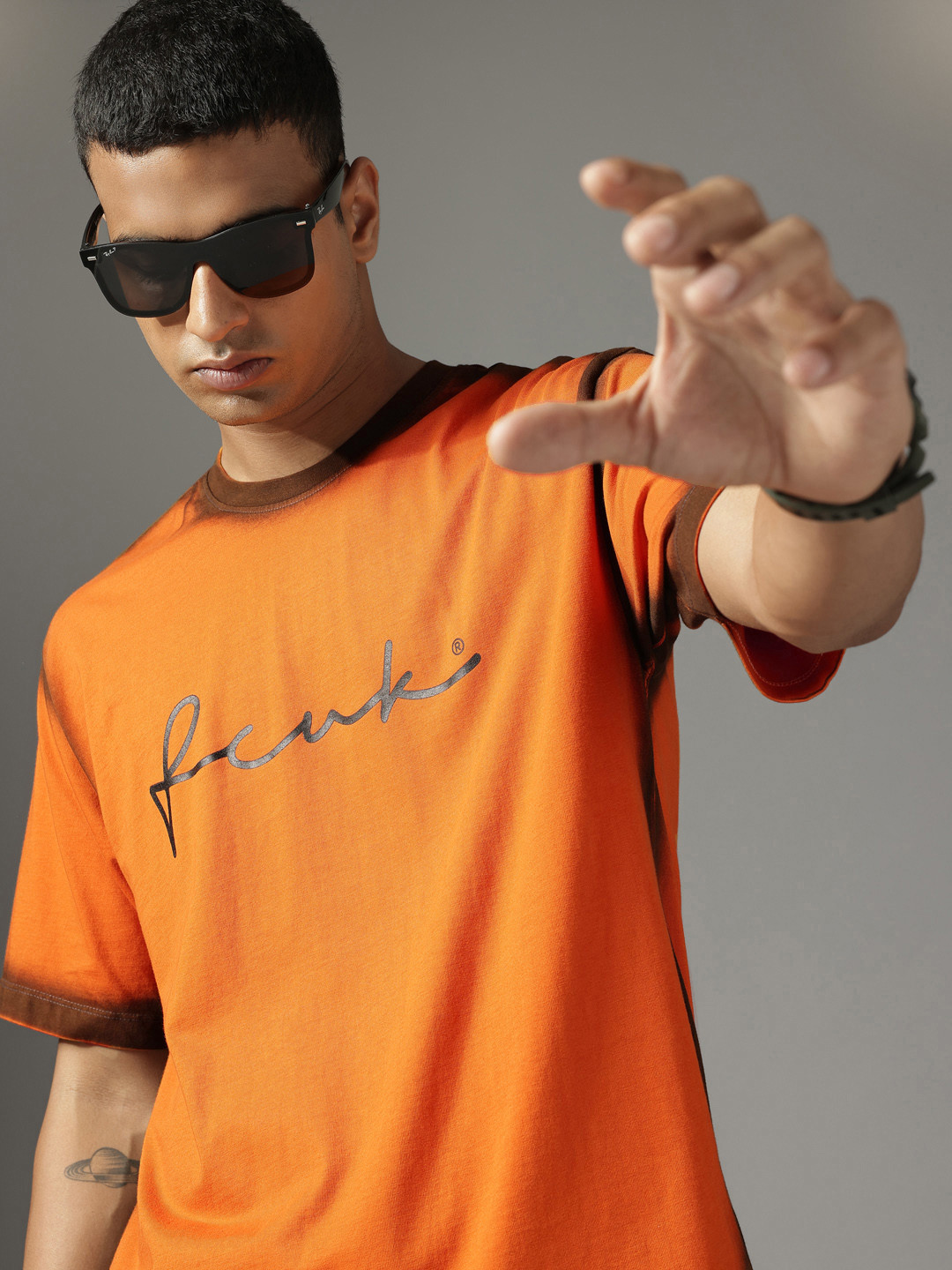 FCUK Brand Logo Printed Faded Drop-Shoulder Sleeves Pure Cotton Relaxed Fit T-shirt