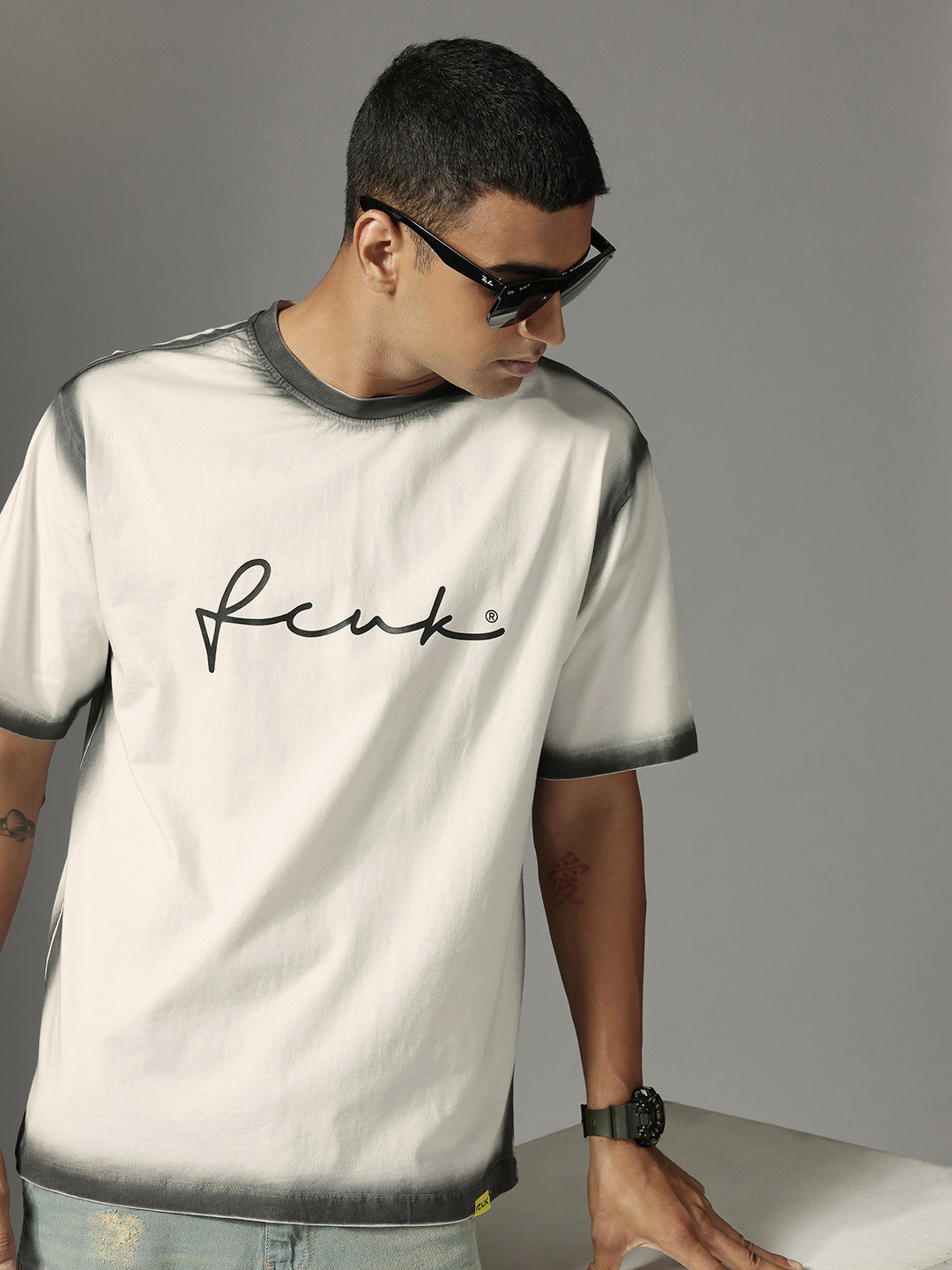 FCUK Brand Logo Printed Faded Drop-Shoulder Sleeves Pure Cotton Relaxed Fit T-shirt