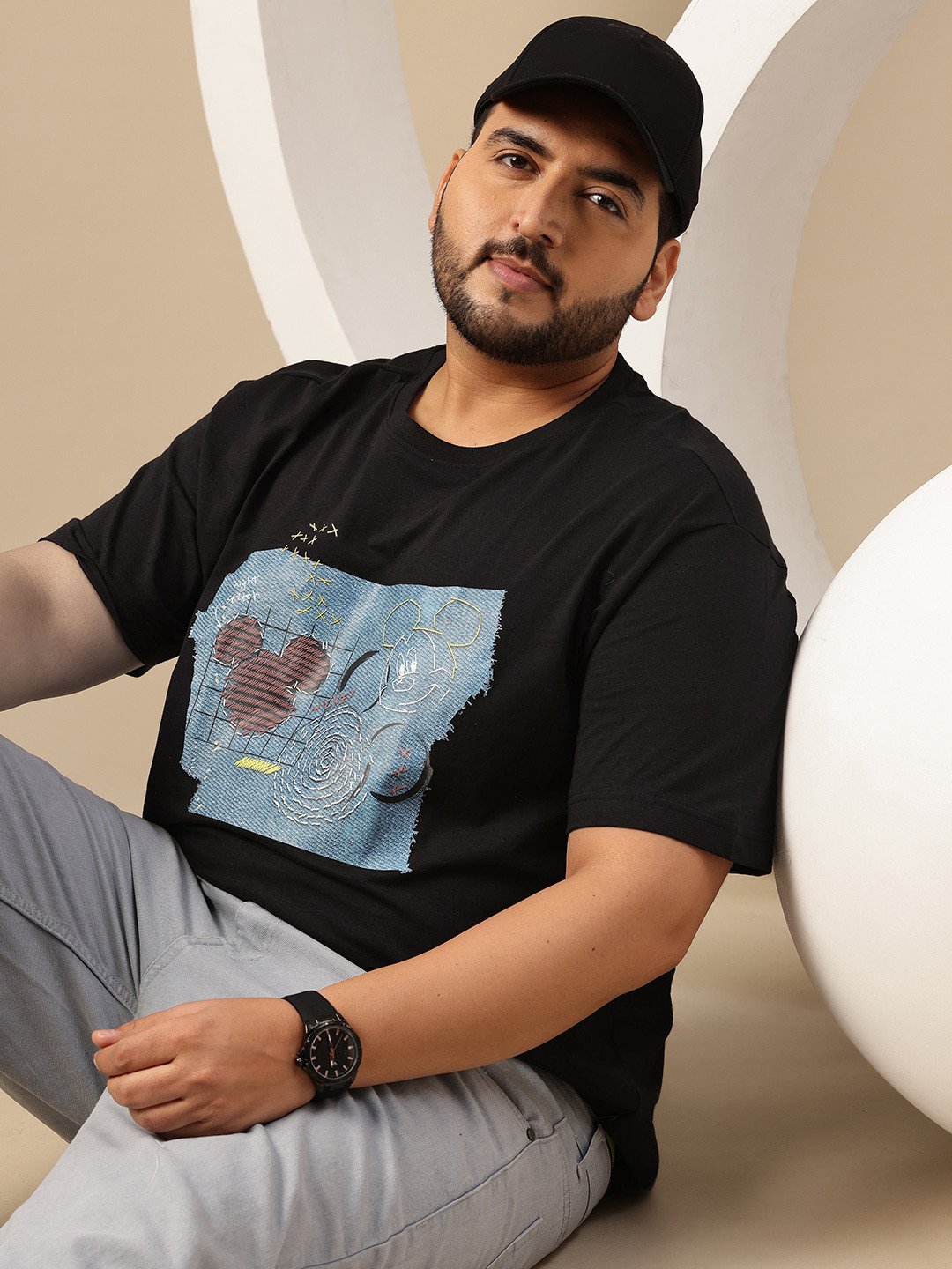 Sztori Plus Size Mickey Mouse Embroidery Drop-Shoulder Sleeves Pure Cotton T-shirt