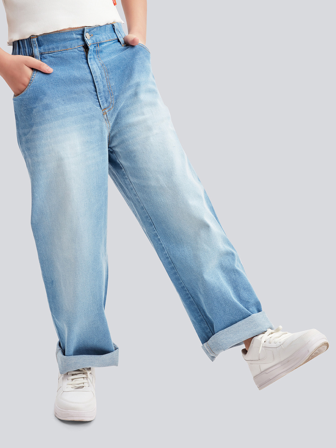 Olele Girls Relaxed Fit Roll Up Hem Stretchable Cotton Denim Jeans Pant