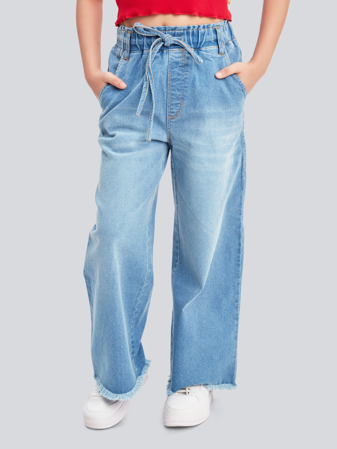 Olele Girls Cotton Denim Raw Edge Stretchable Jeans Pant