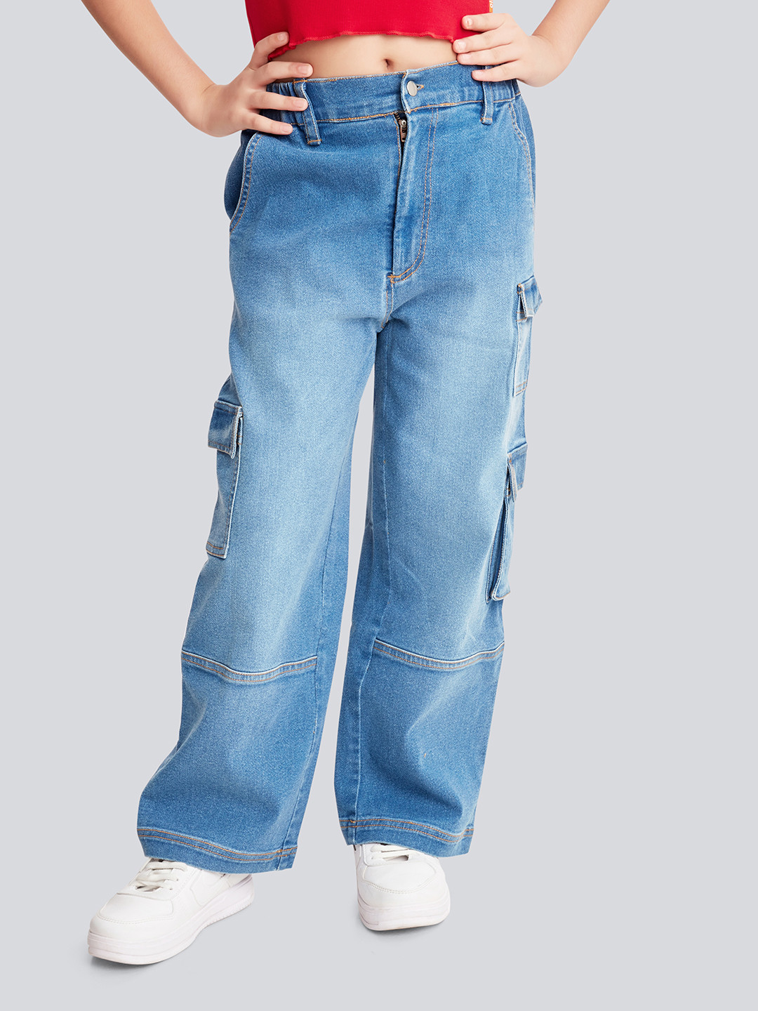Olele Girls Multi Pockets Cotton Denim Cargo Stretchable Jeans Pant