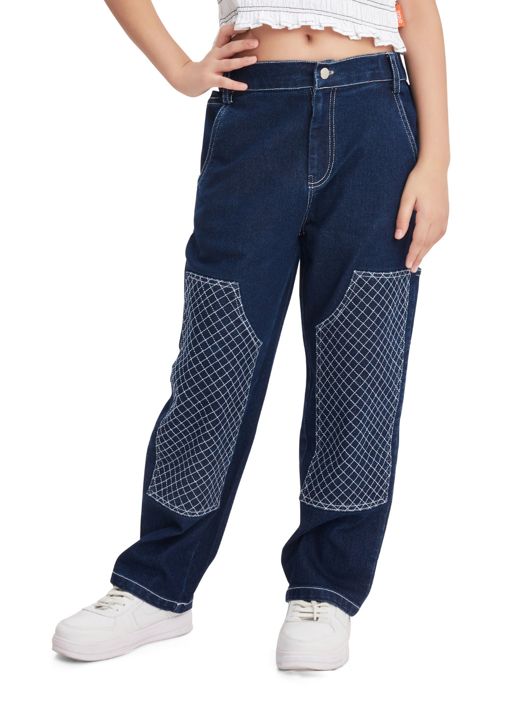 Olele Girls Stretchable Cotton Denim Quilt Stitched Carpenter Jeans