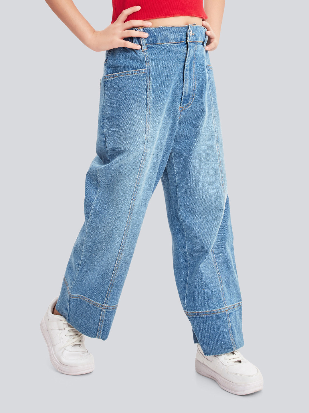 Olele Girls Cotton Denim Front Pleats Stretchable Jeans Pant