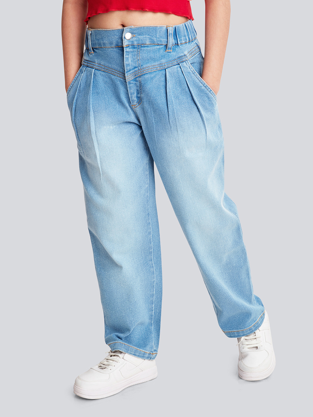 Olele Girls Cotton Denim Front Yoke Retro Stretchable Jeans Pant