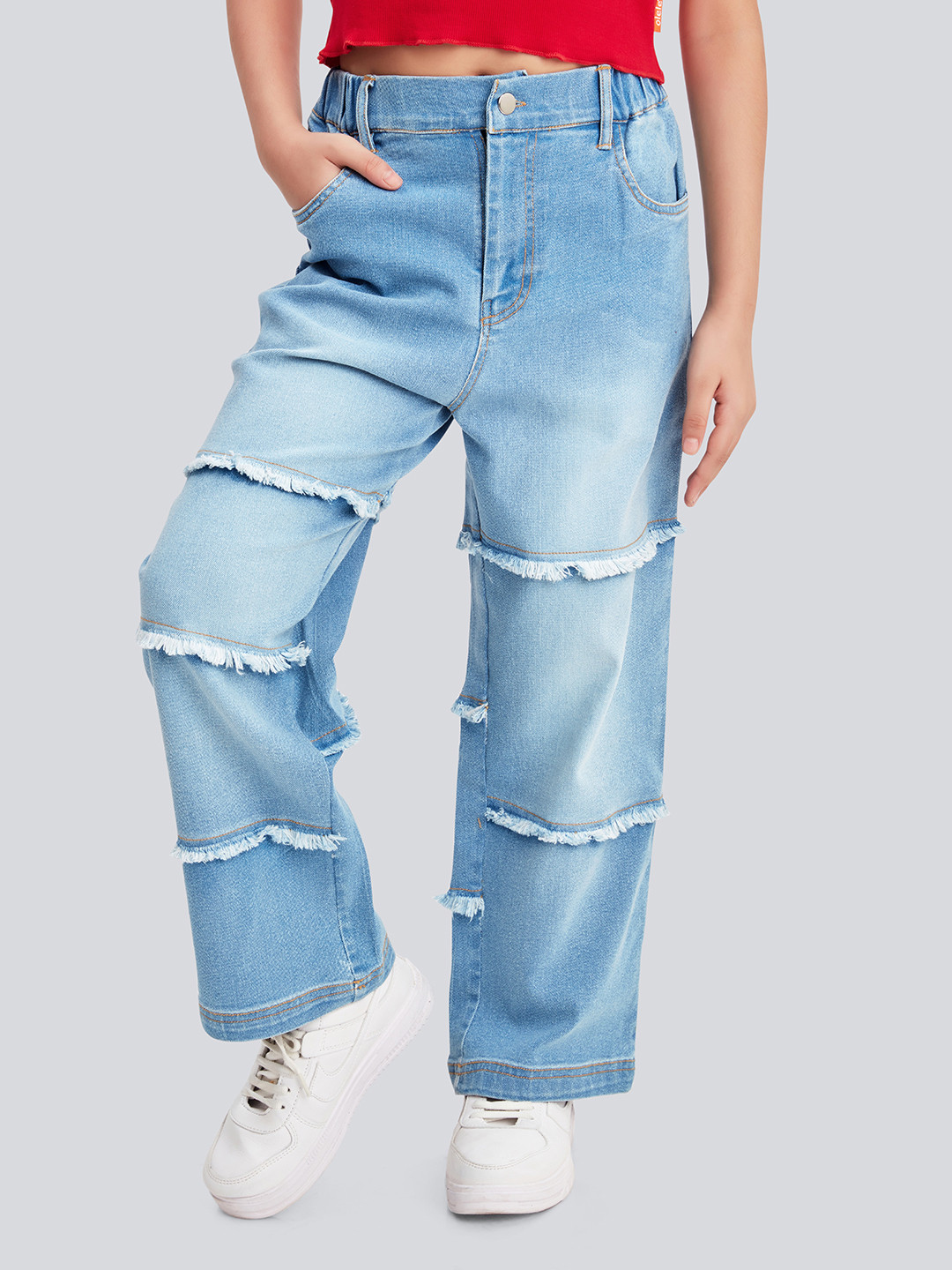 Olele Girls Cotton Denim Panel Joints Stretchable Jeans Pant