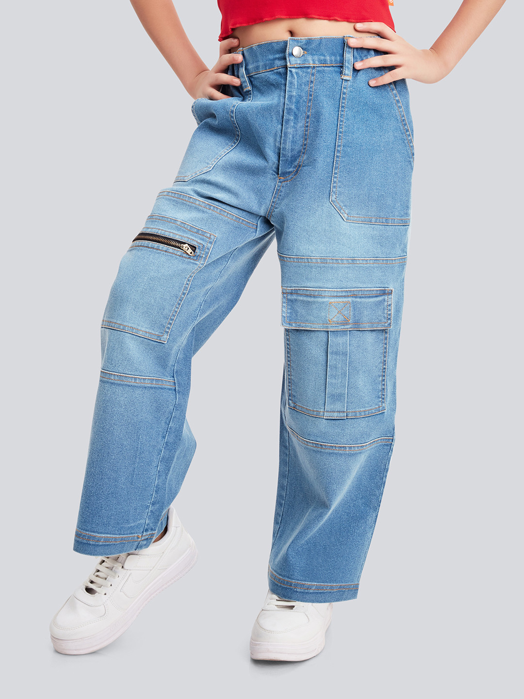 Olele Girls Multi Pockets Cotton Denim Cargo Stretchable Jeans Pant