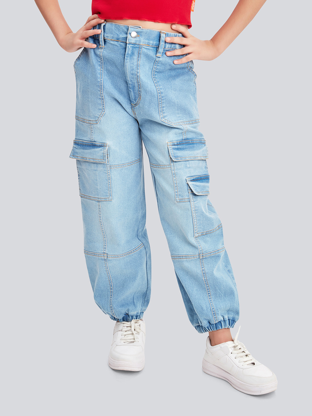 Olele Girls Multi Pockets Cotton Stretchable Denim Joggers Jeans Pant