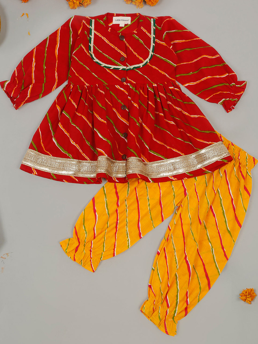 LITTLE GINNIE Girls Leheriya Printed Layered Gotta Patti Kurti with Salwar