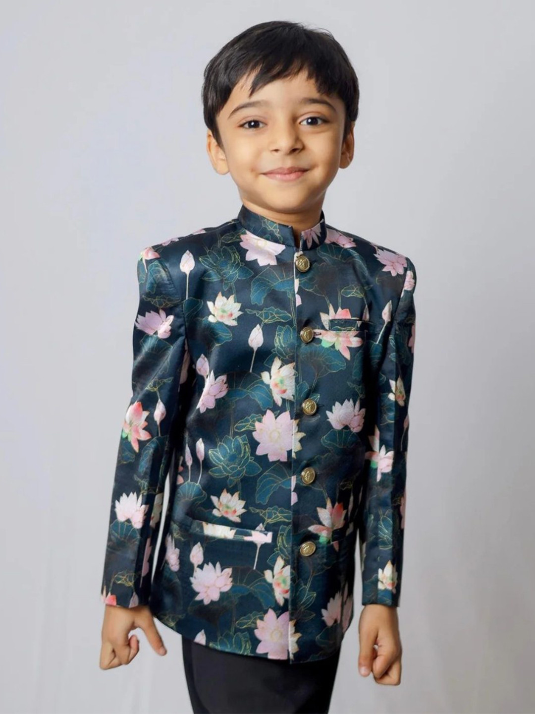 Funny Bones Clothings Boys Jodhpuri Lotus Printed Mandarin Collar Satin Blazer & Trousers
