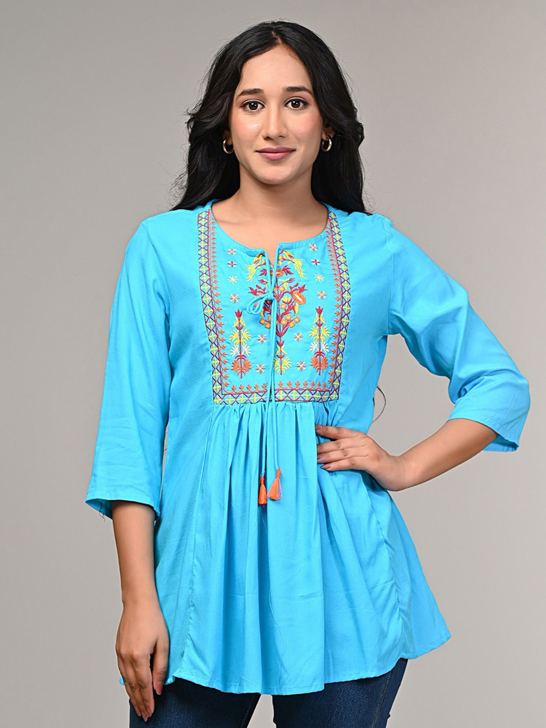 AVAYAYAT Floral Embroidered Tie-Up Neck Pleated Thread Work A-Line Kurti