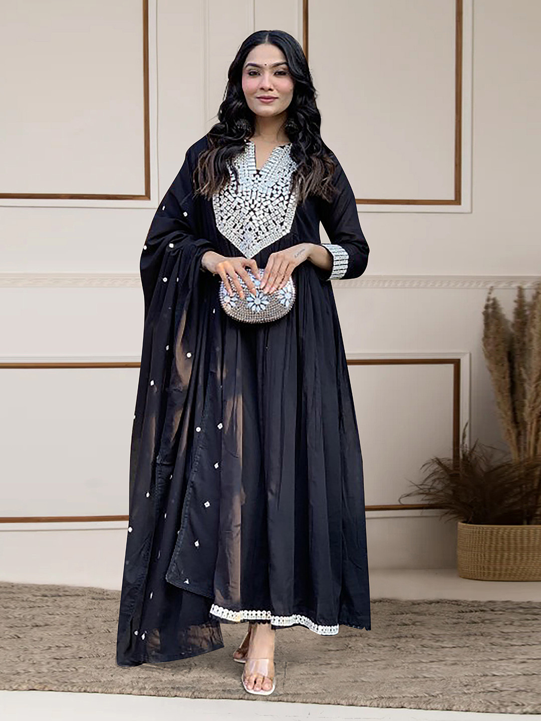 FASHION DREAM Geometric Embroidered Notch Neck Anarkali Kurta With Trousers & Dupatta