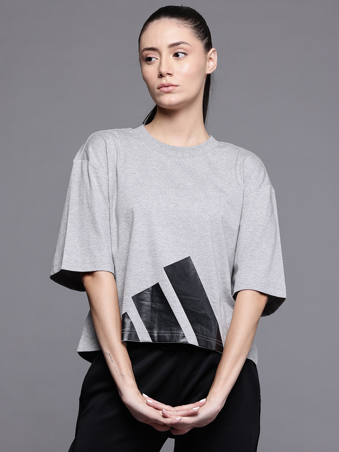 ADIDAS Brand Logo Printed Drop-Shoulder Sleeves Pure Cotton Boxy Sports T-shirt