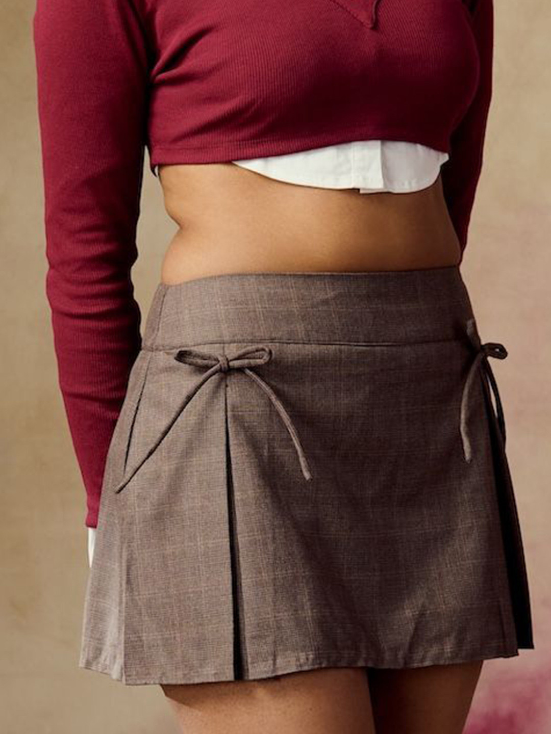 Lea Clothing Co. Aspen Brown Pleated Bow Detailing Mini Skort