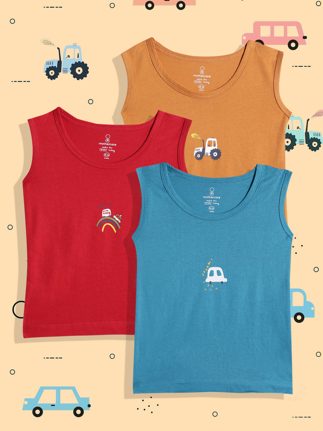 Mothercare Pack of 3 Boys Sleeveless Vests with Graphic Print Detail