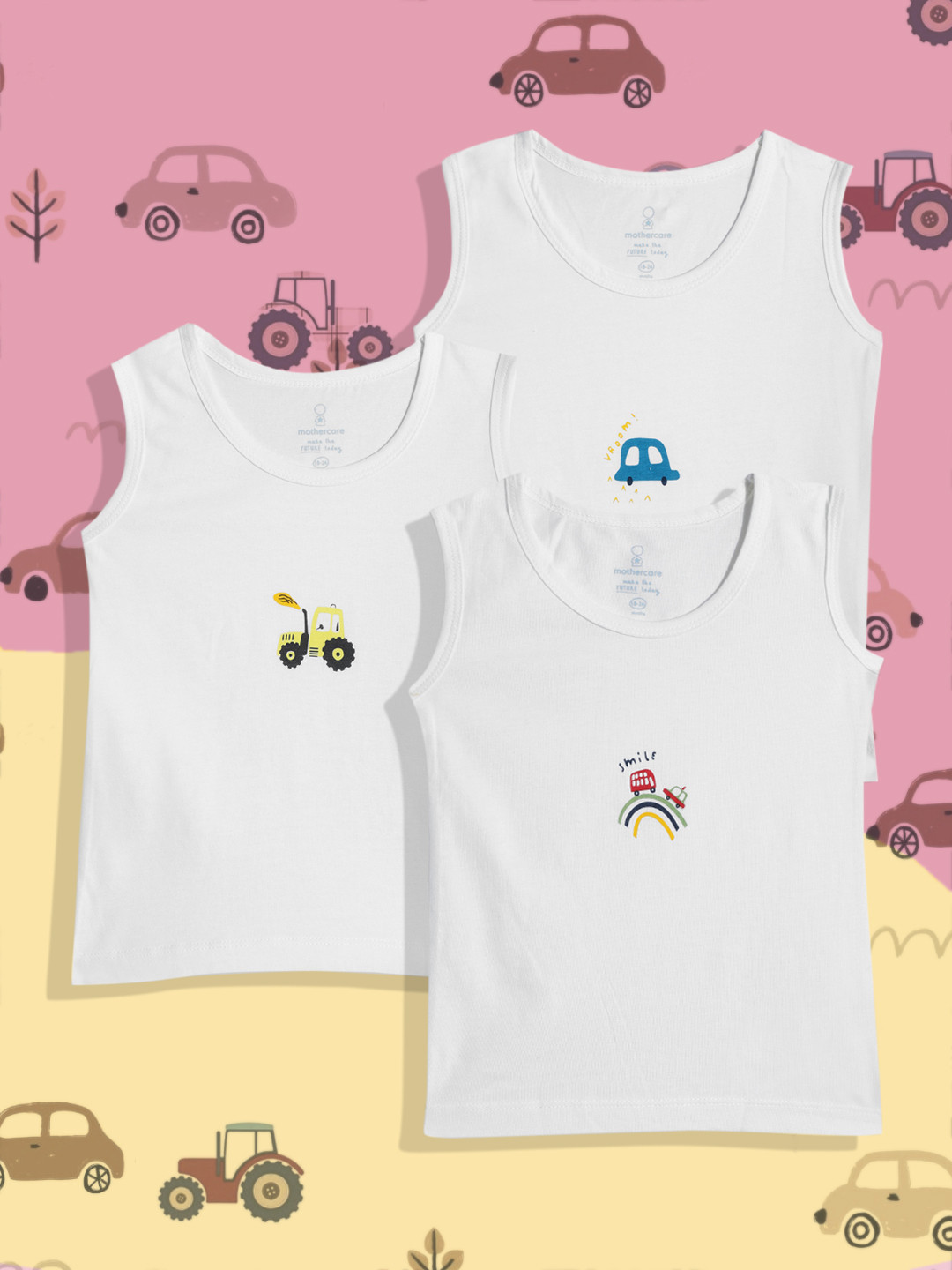 Mothercare Pack of 3 Boys Sleeveless Vests with Graphic Print Detail