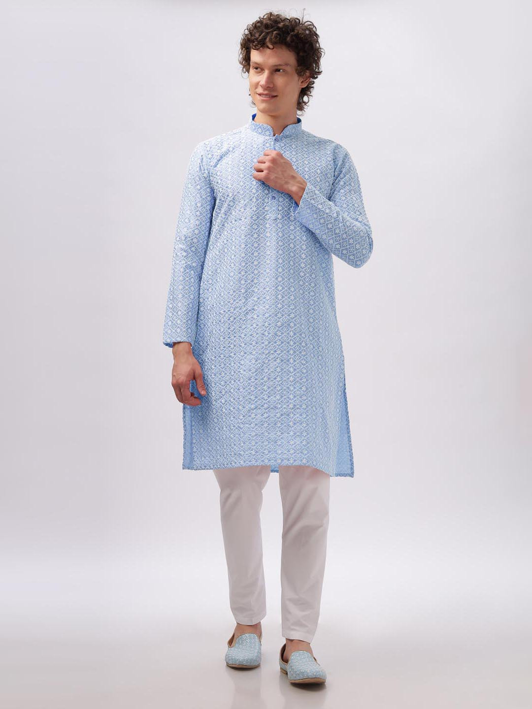 Anouk Men Blue and White Ethnic Motifs Embroidered Thread Work Straight Kurta