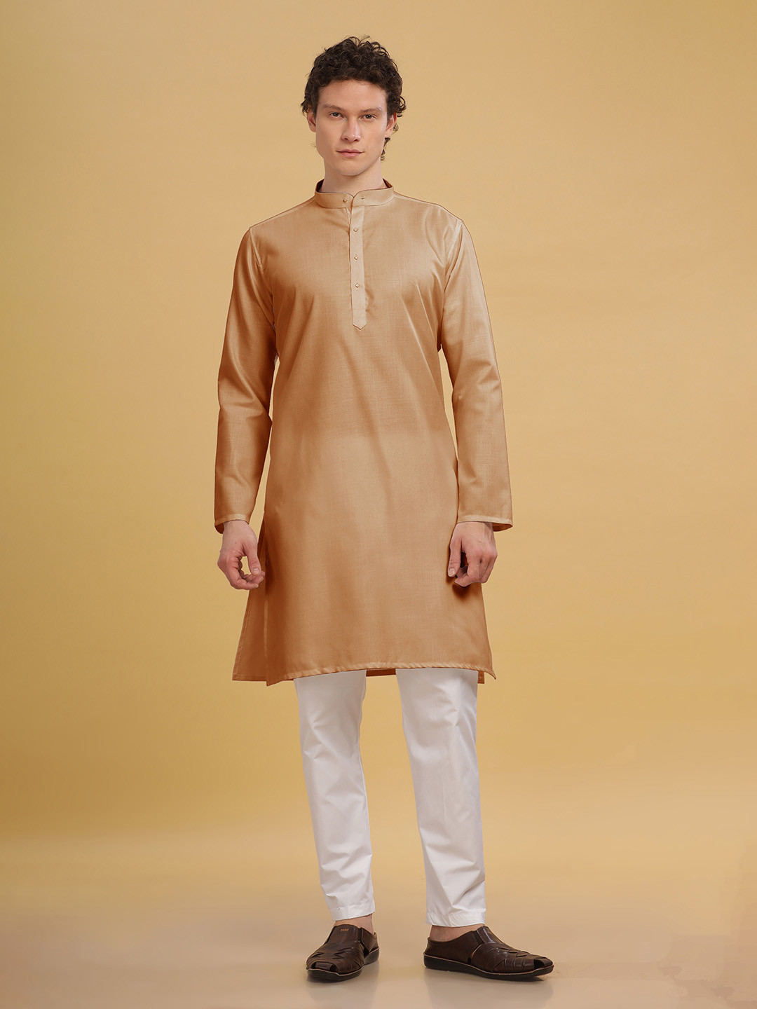 Anouk Beige Band Collar Cotton A-Line Kurta