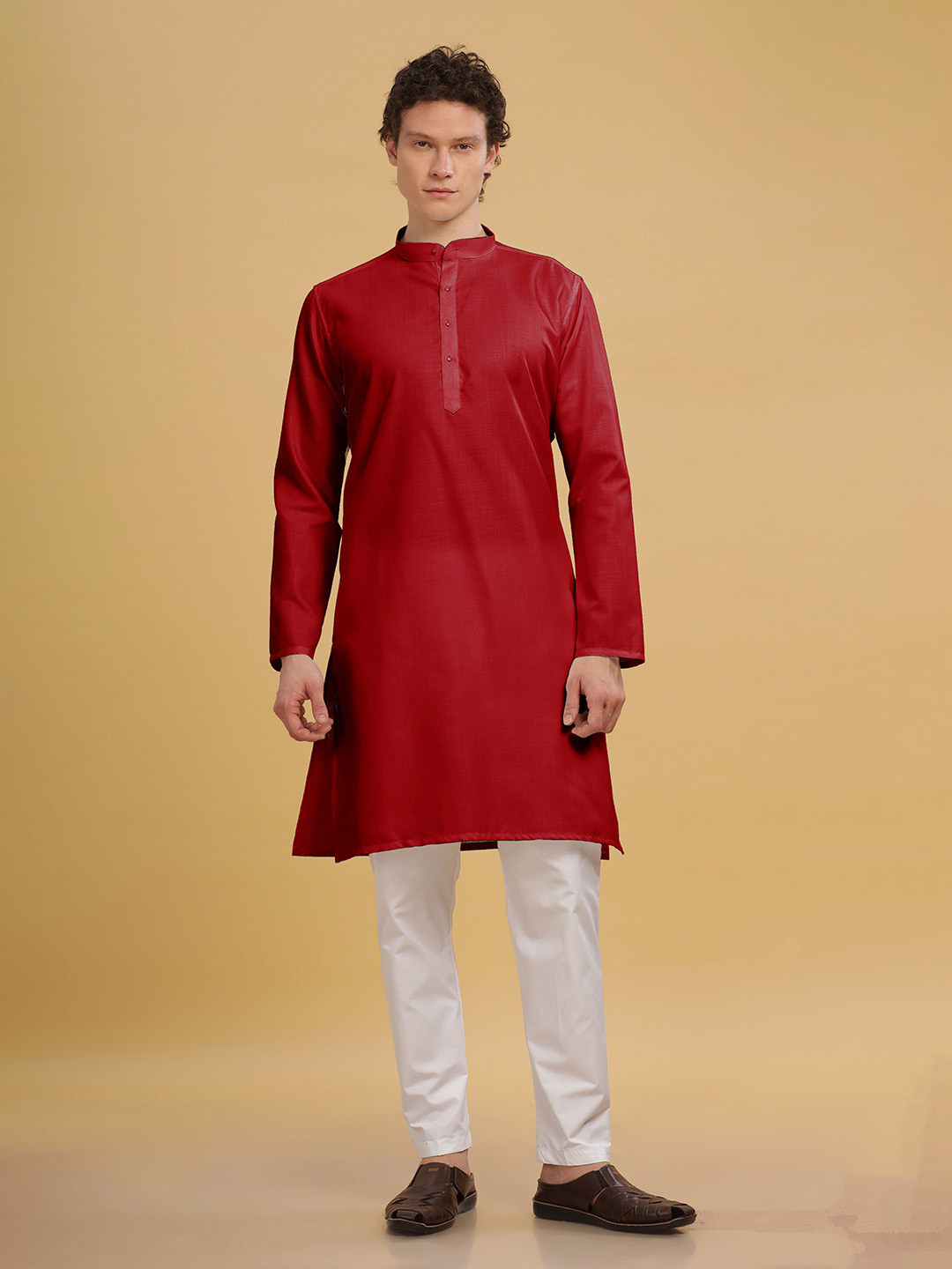 Anouk Red Band Collar Cotton A-Line Kurta