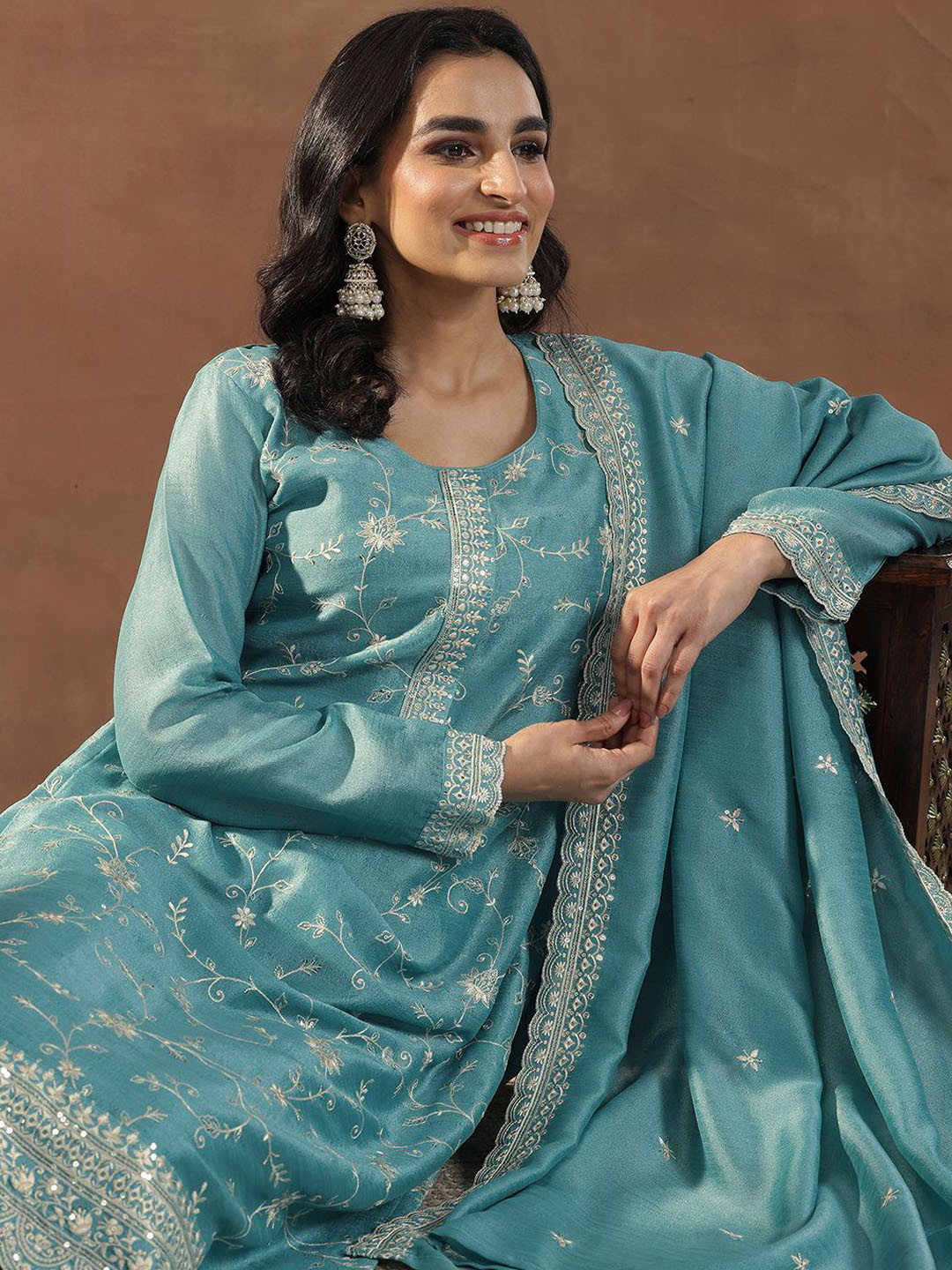 Libas Blue Floral Embroidered Scoop Neck Sequinned Straight Kurta With Trousers & Dupatta