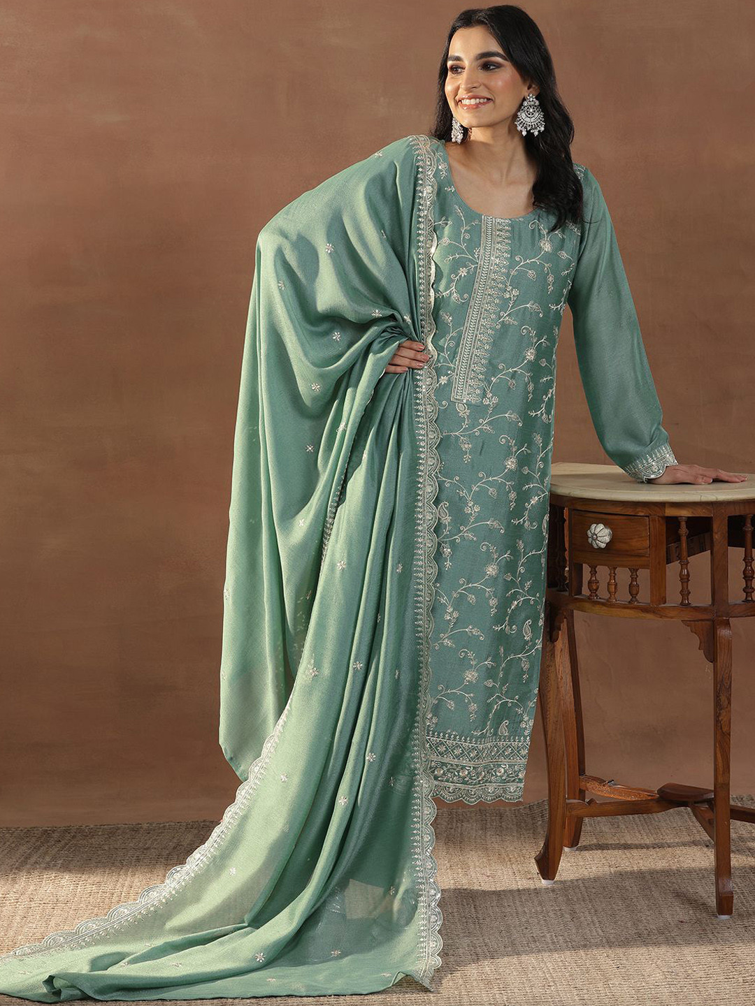 Libas Green Floral Embroidered Sequinned Straight Kurta With Trousers & Dupatta