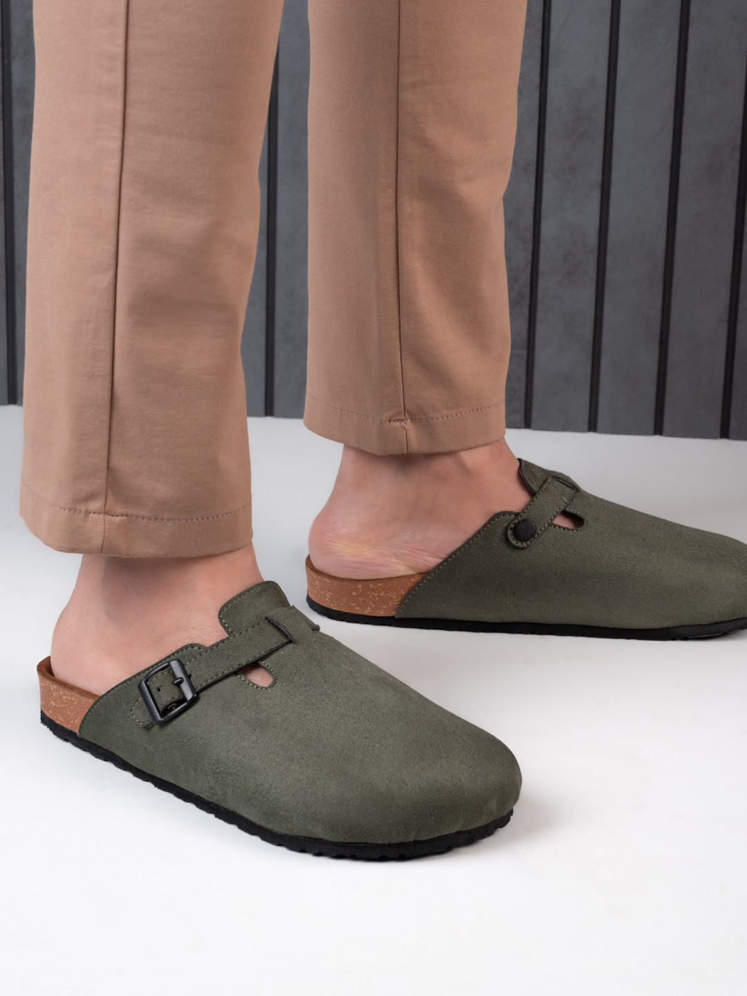 Styli Men Faux Suede Clogs with Buckle Detail