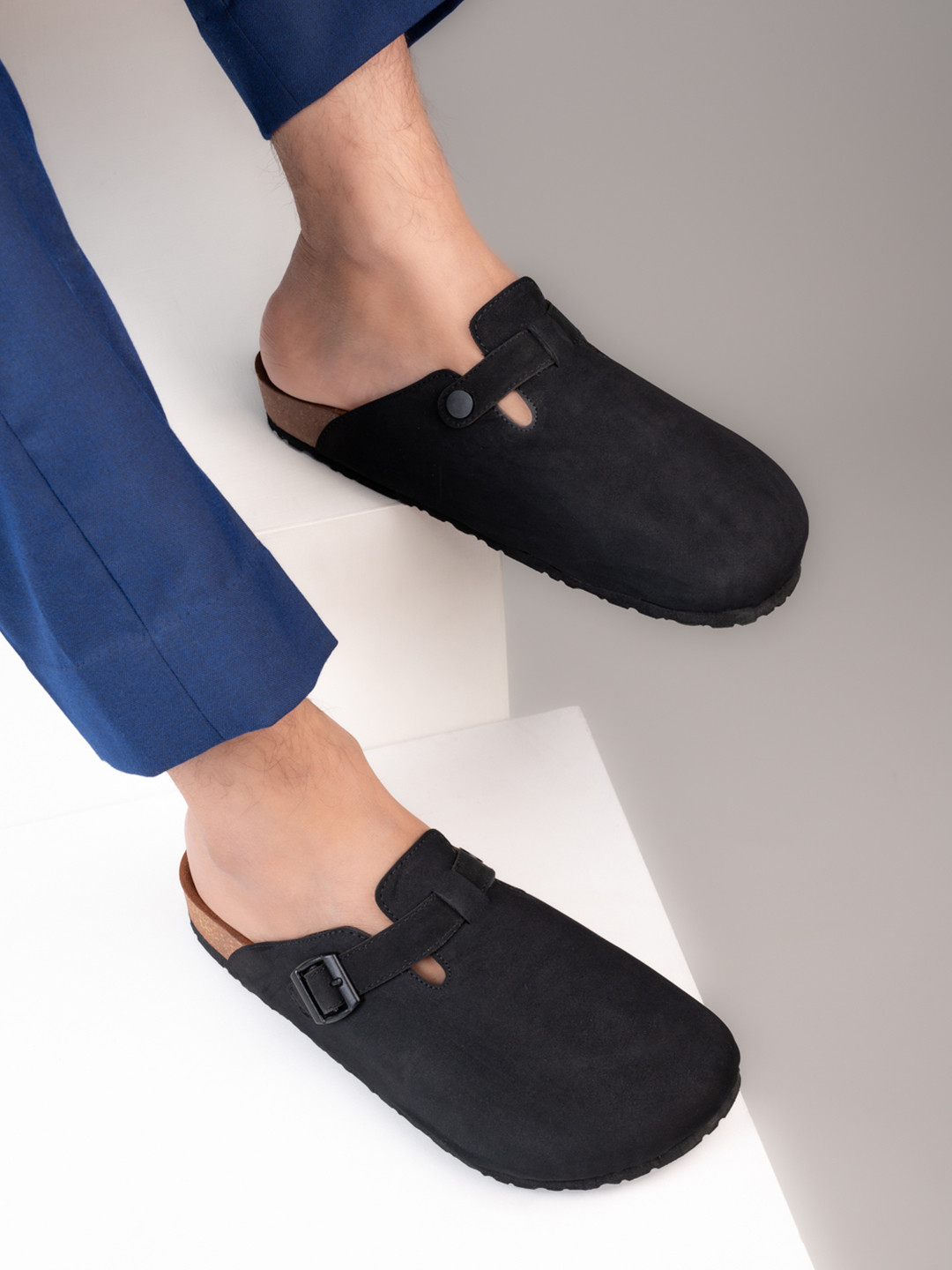 Styli Men Faux Suede Clogs with Buckle Detail
