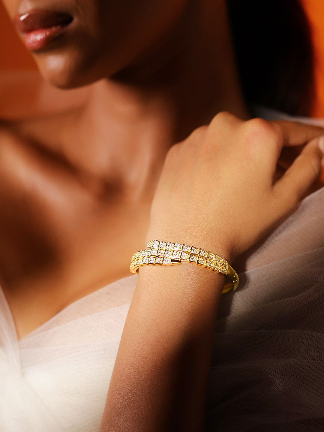 Rubans 22K Gold-Plated Luxurious Pave-Set Cubic Zirconia Openable Bracelet