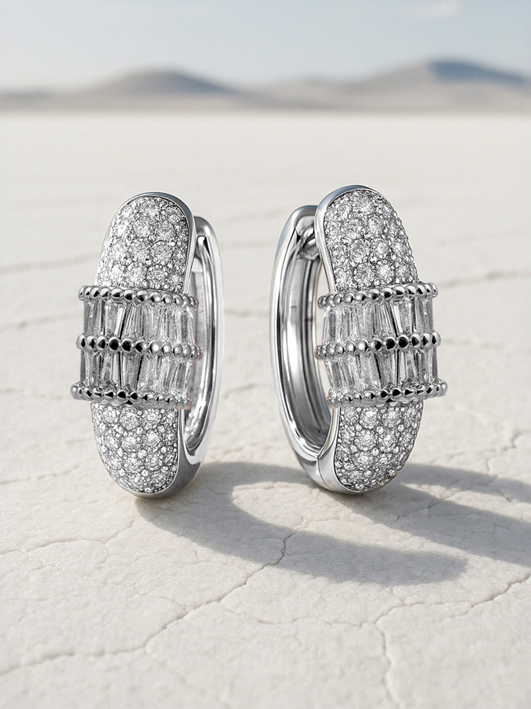 Rubans Rhodium-Plated Cubic Zirconia Studded Statement Mini Hoop Earrings