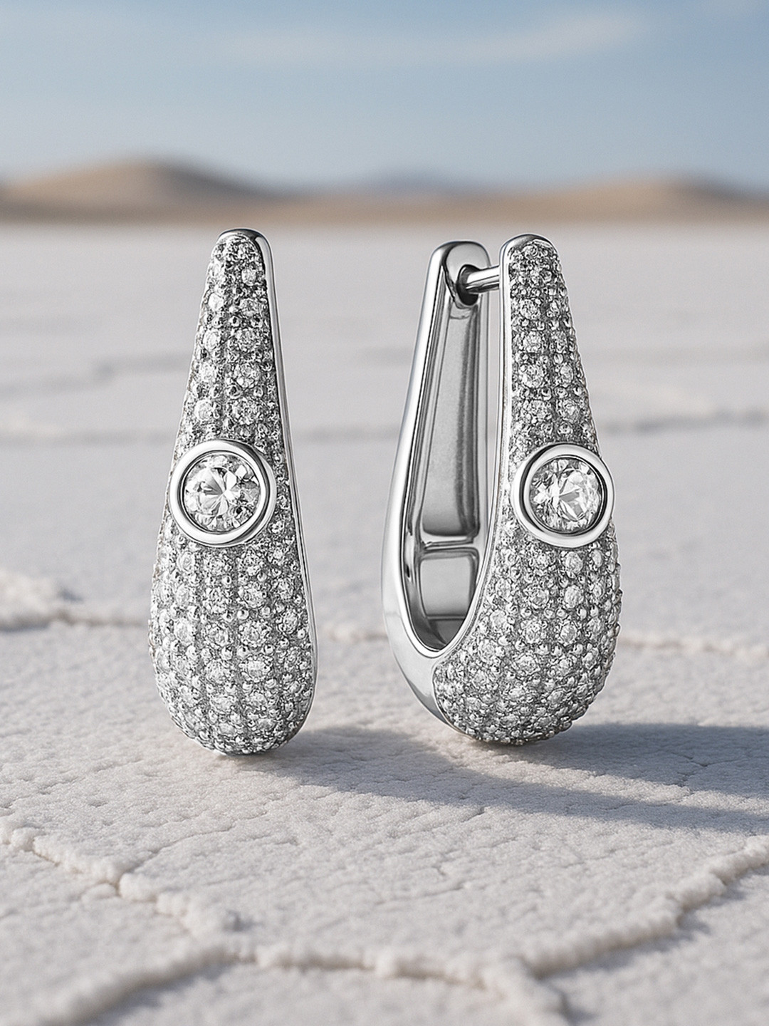 Rubans Rhodium-Plated Cubic Zirconia Studded Statement Mini Hoop Earrings