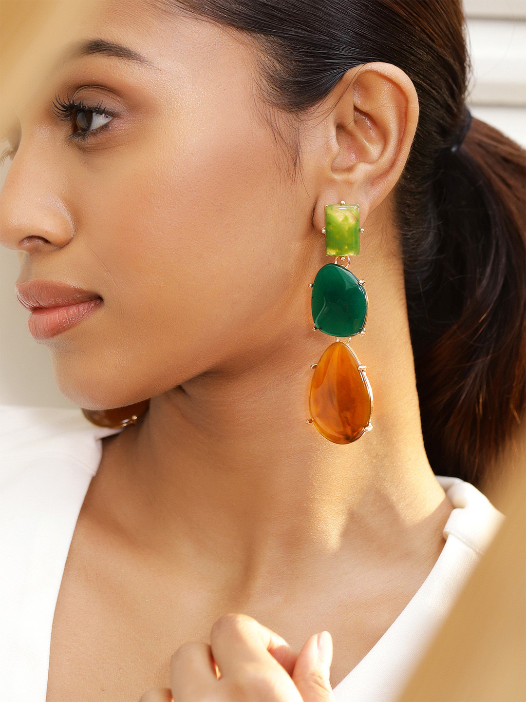 Rubans 18K Gold-Plated Green & Amber Beaded Stylish Drop Earrings