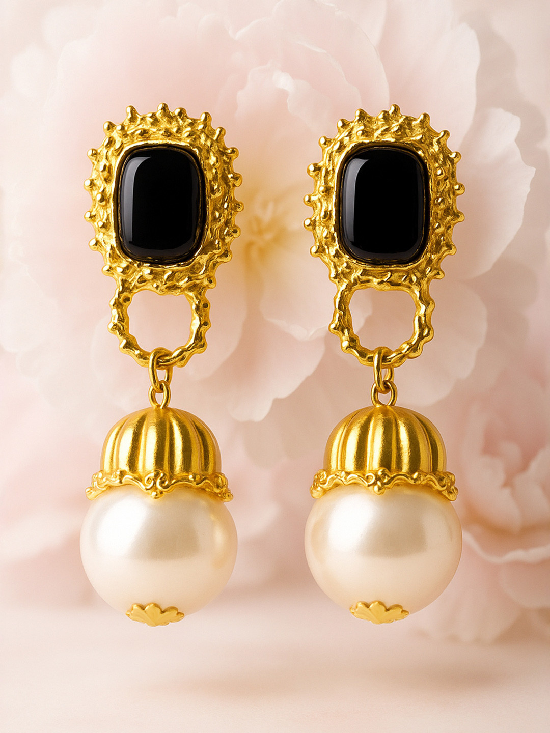 Rubans 18K Gold-Plated Black & Pearl Beaded Drop Earrings
