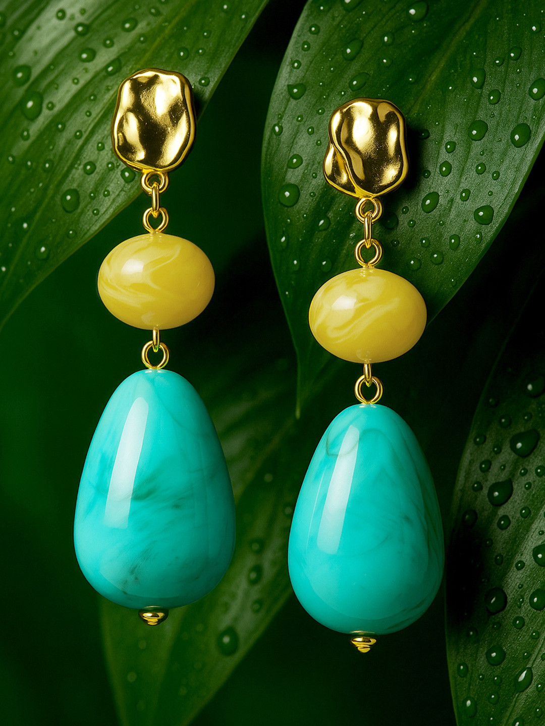 Rubans 18K Gold-Plated Yellow & Turquoise Beaded Stylish Drop Earrings