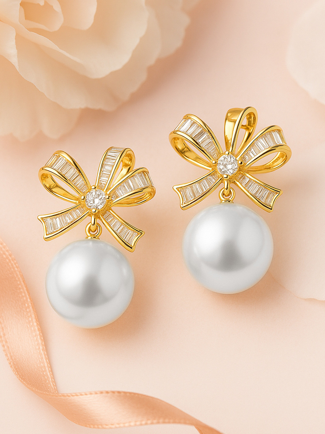 Rubans 18K Gold-Plated Bow Design Cubic Zirconia & Pearl Stud Earrings