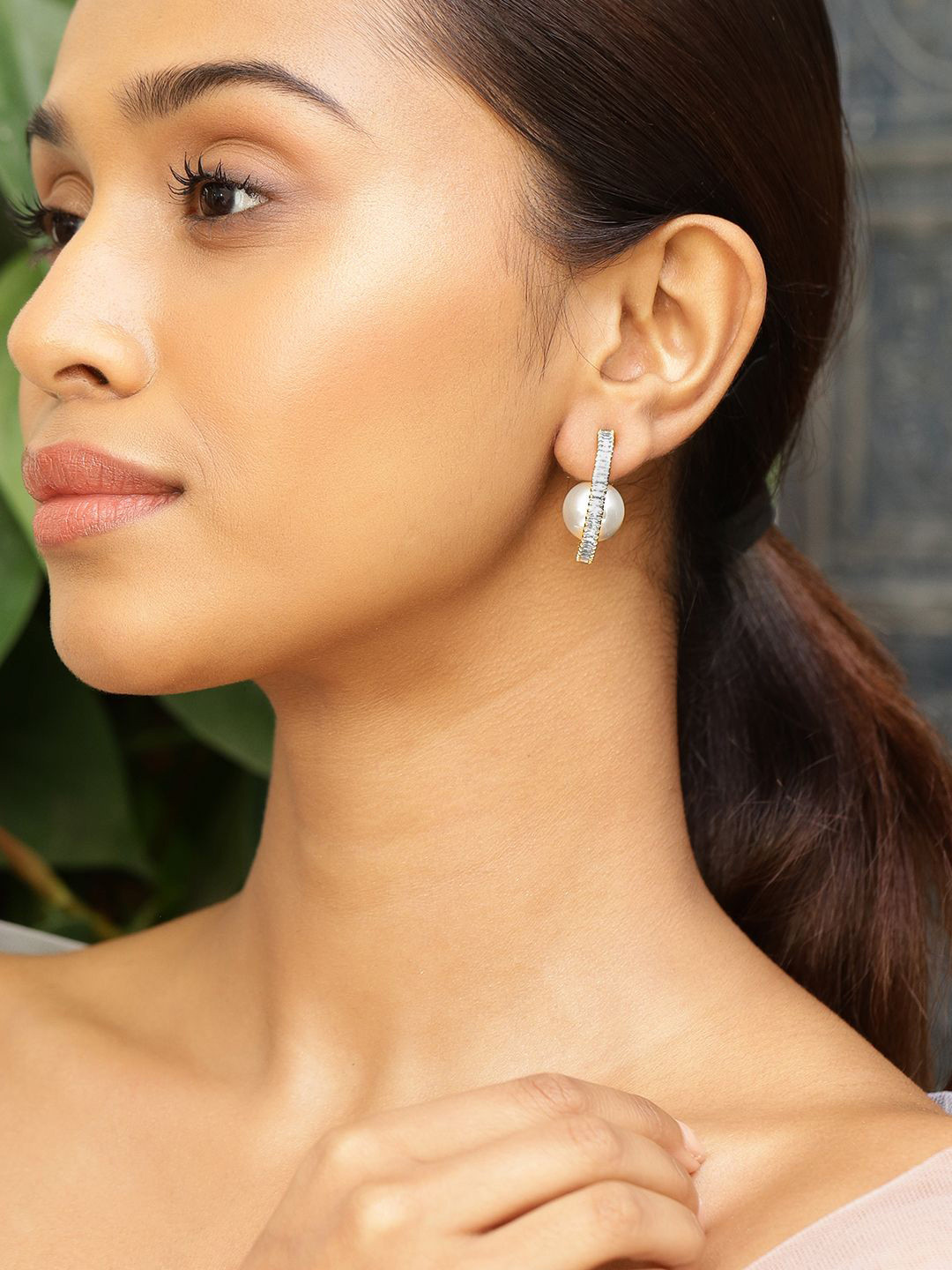 Rubans 18K Gold-Plated Pearl Centerpiece Cubic Zirconia Half Hoop Earrings