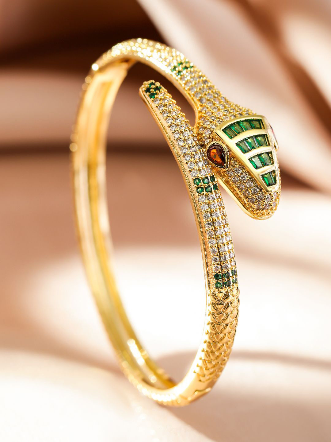 Rubans 22K Gold Plated Snake Motif Bracelet with Emerald and Cubic Zirconia