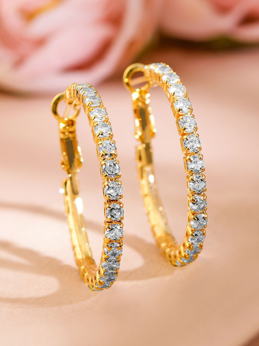 Rubans 18K Gold Plated Cubic Zirconia Studded Statement Hoop Earrings