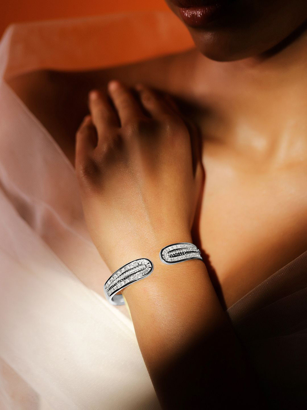 Rubans Rhodium Plated Openable Cuff Bracelet with Intricate Cubic Zirconia Detailing