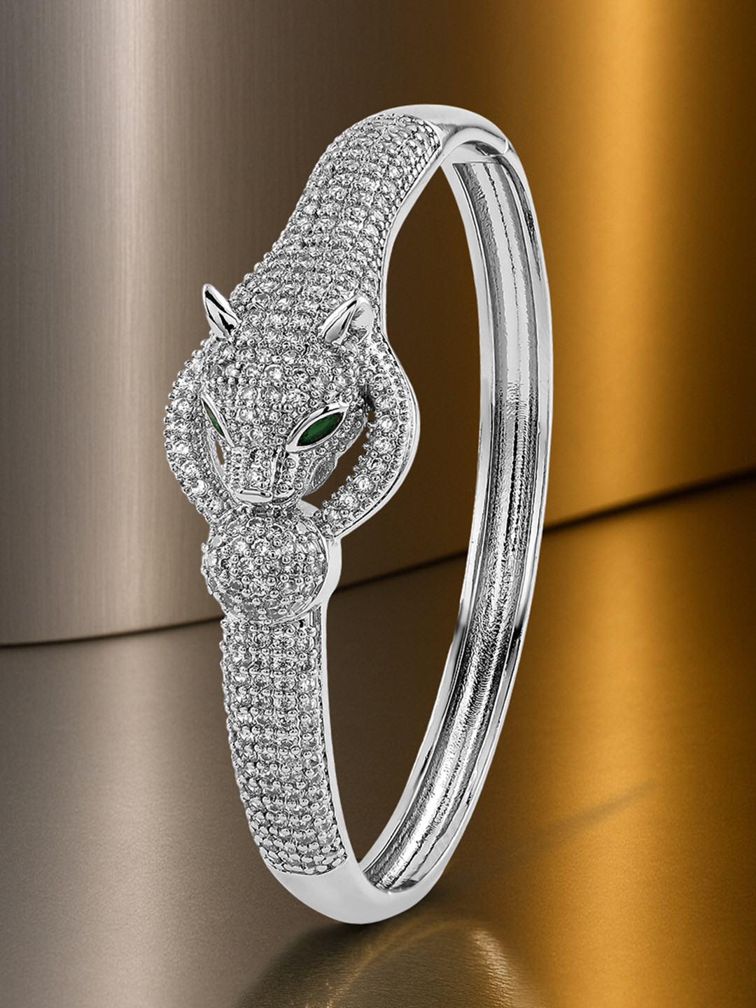 Rubans Rhodium Plated Panther Design Bracelet with Emerald & Cubic Zirconia