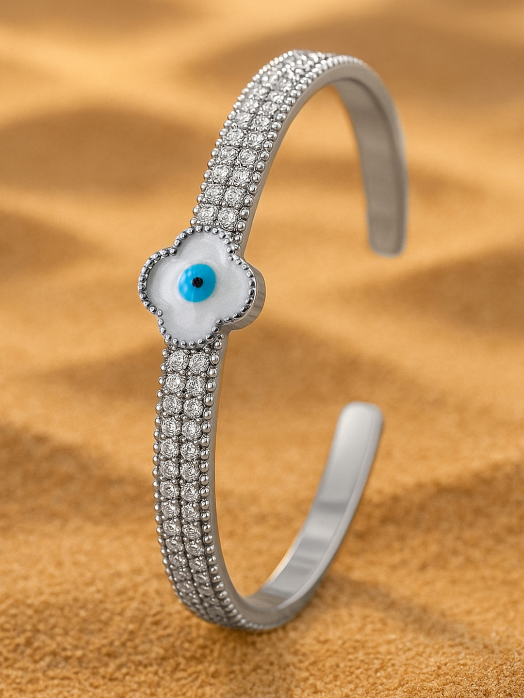 Rubans Rhodium Plated Evil Eye Cuff Bracelet with Cubic Zirconia Detailing