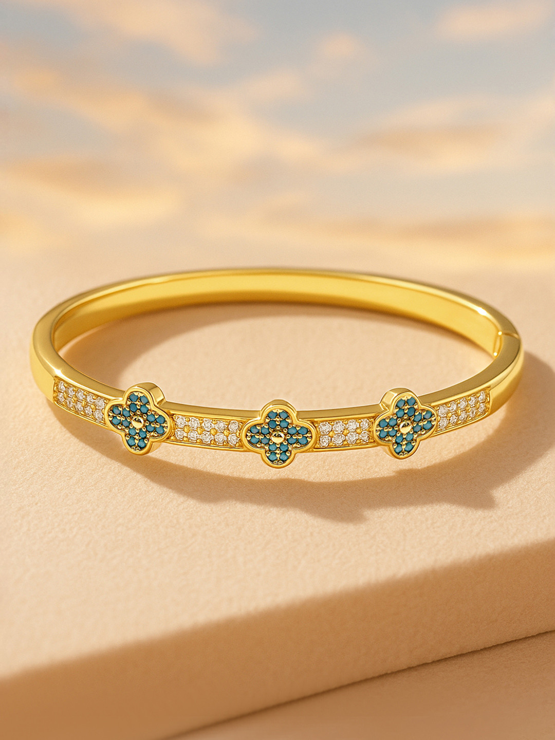 Rubans Voguish 22K Gold Plated Turquoise Enamel Floral Cuff Bracelet with Cubic Zirconia