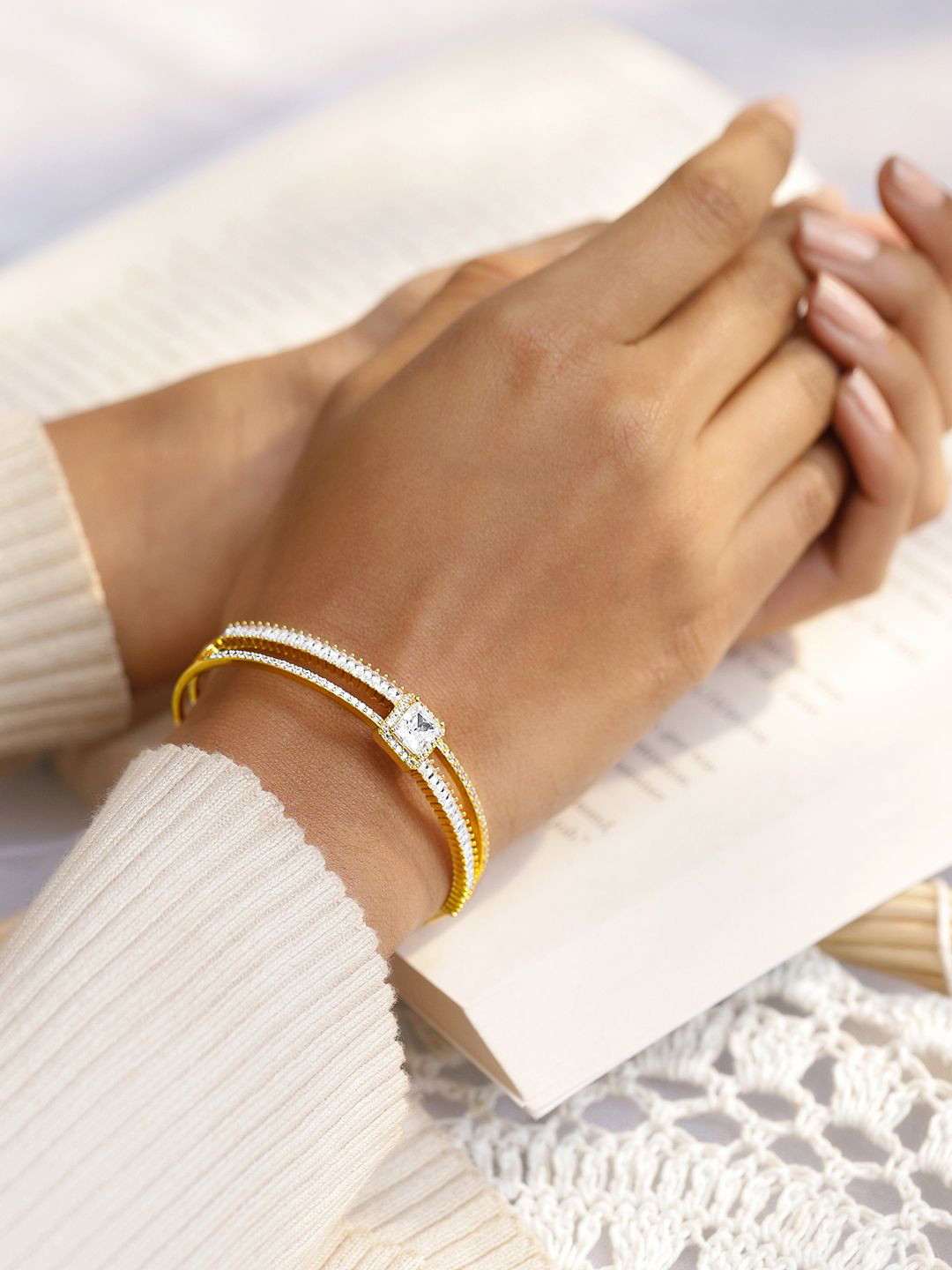 Rubans Voguish 22K Gold Plated Cubic Zirconia & AD Studded Dual Row Cuff Bracelet