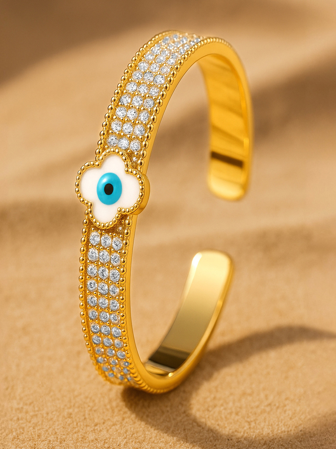 Rubans Voguish 22K Gold Plated Evil Eye Cuff Bracelet with Cubic Zirconia Detailing