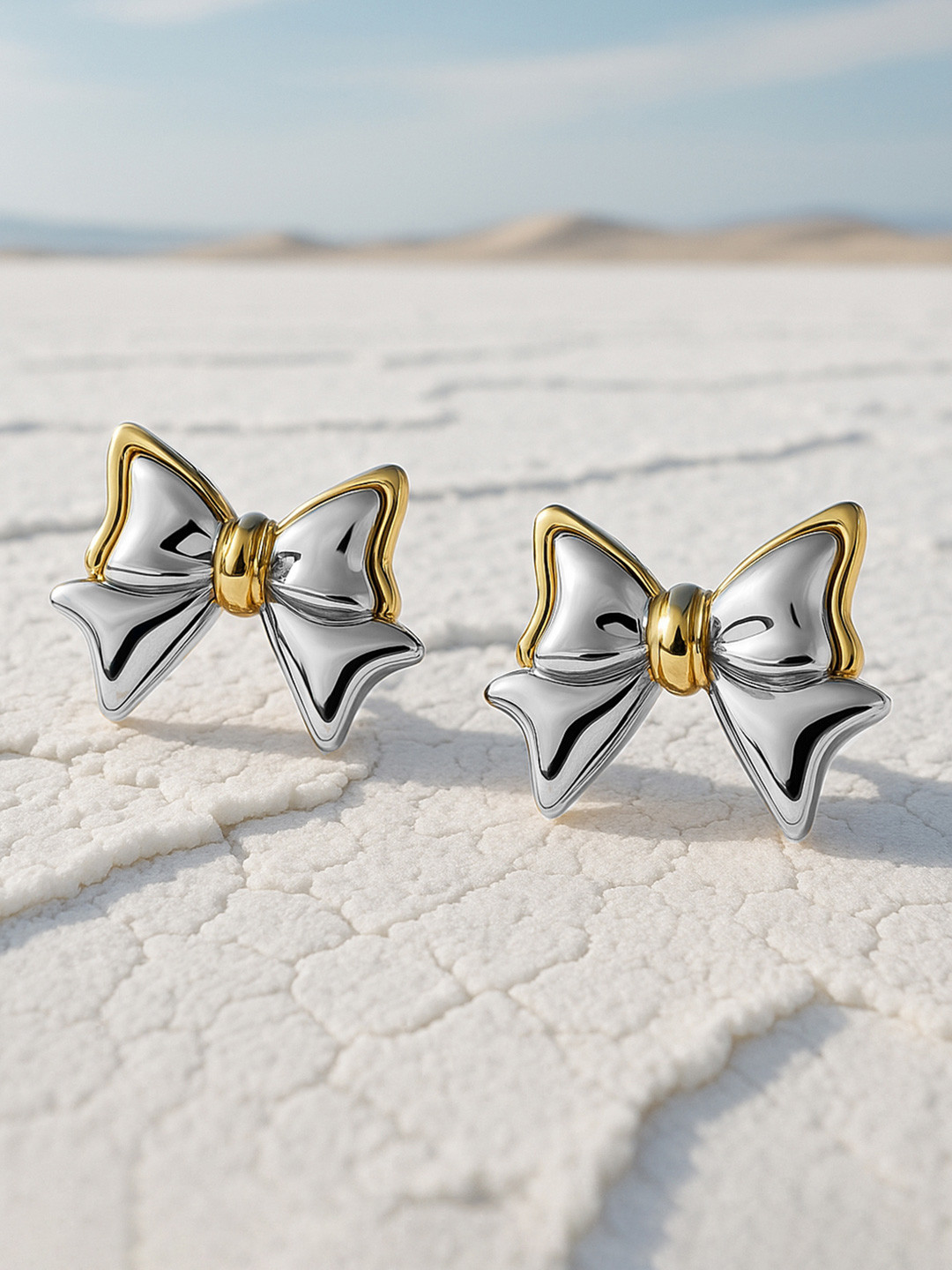 Rubans 18K Gold & Silver Dual Plated Bow Shaped Stud Earrings