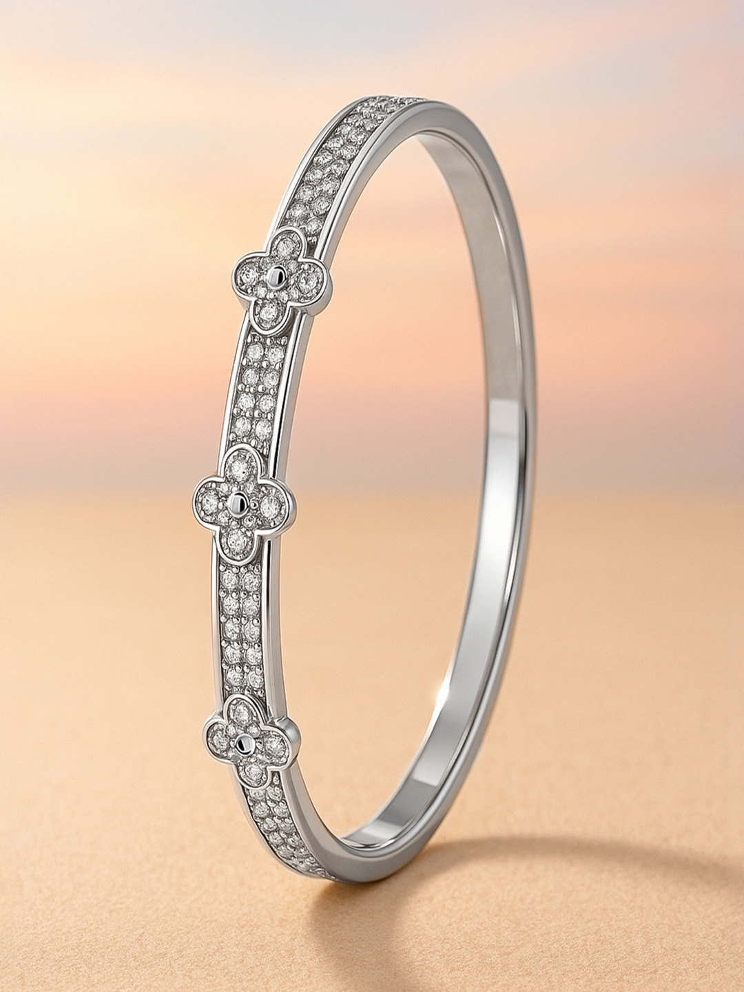 Rubans Voguish Rhodium Plated Floral Motif Bangle Style Bracelete with Cubic Zirconia